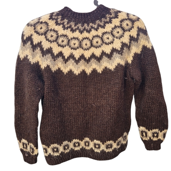 Hand Knit Icelandic Wool Button Front Cardigan Fair Isle Sweater Medium - Picture 2 of 4